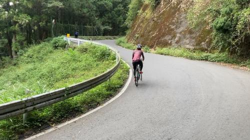 急こう配をがんばってのぼるロードバイク男女の写真