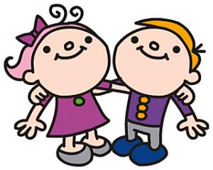 女の子と男の子が仲良く肩を組んでいるイラストです